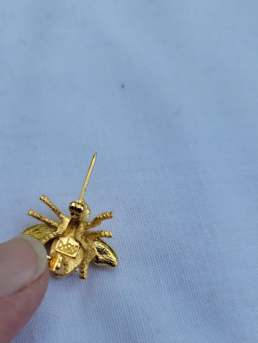 Vintage Joan Rivers Gold Bee Brooch with Pearl Accents and Green Eyes Classic